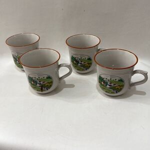 Newcor 8 Oz 4 Mug Set Orange Green Country Village Japan Stoneware 3 1/4 In Tall